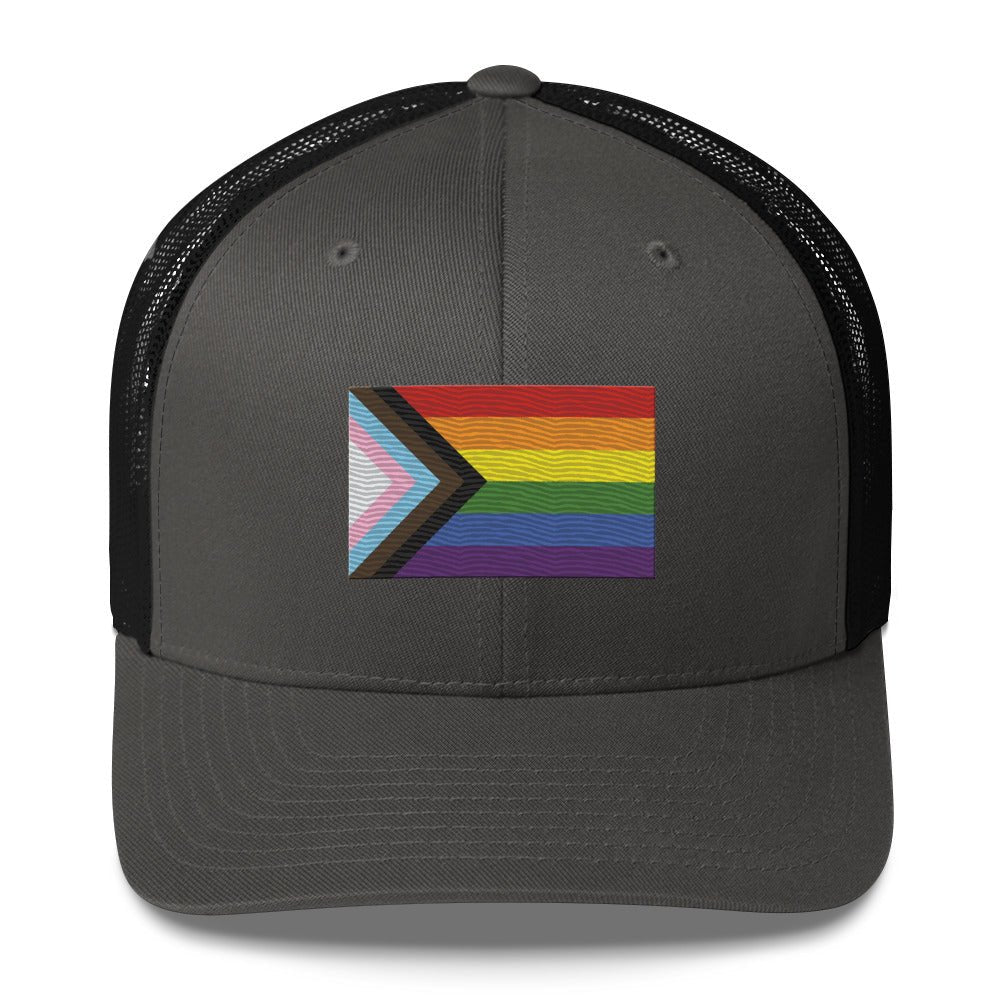 Progress Pride Flag Trucker Hat - Charcoal/ Black - LGBTPride.com
