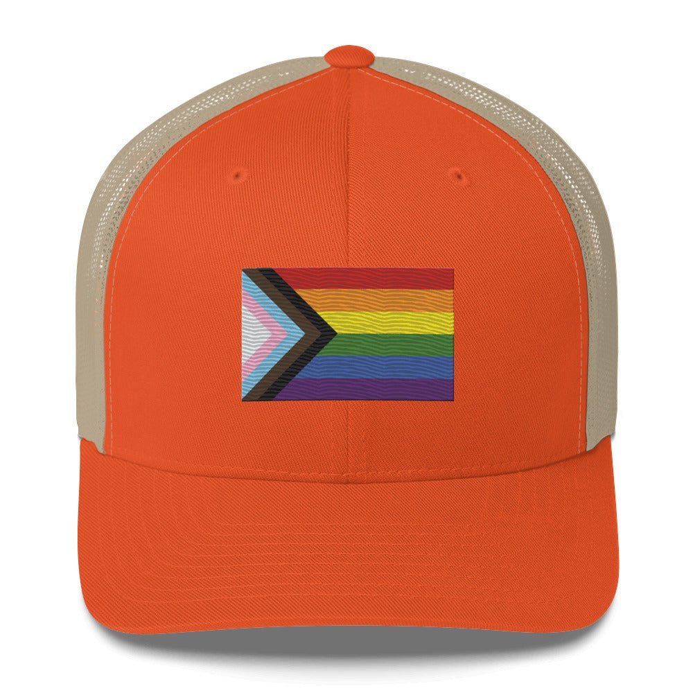 Progress Pride Flag Trucker Hat - Rustic Orange/ Khaki - LGBTPride.com