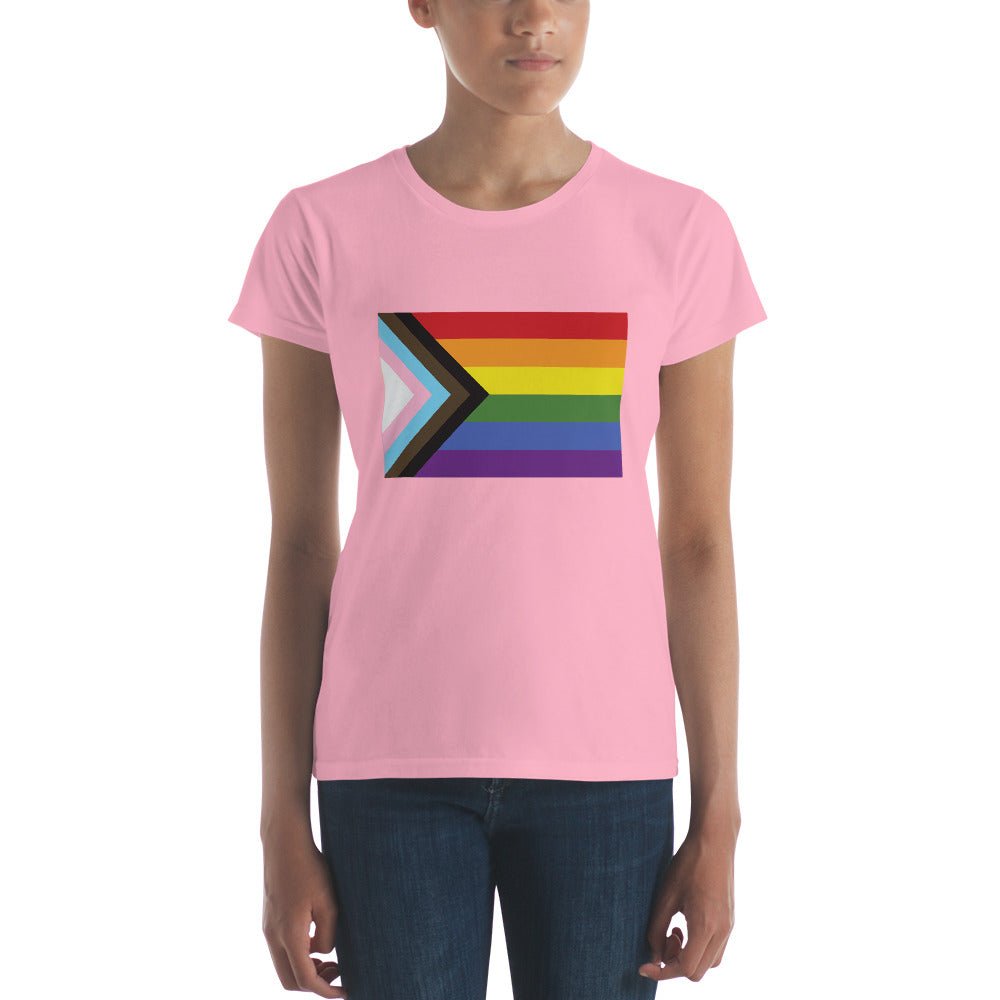 Progress Pride Flag Women's T-Shirt - Charity Pink - LGBTPride.com