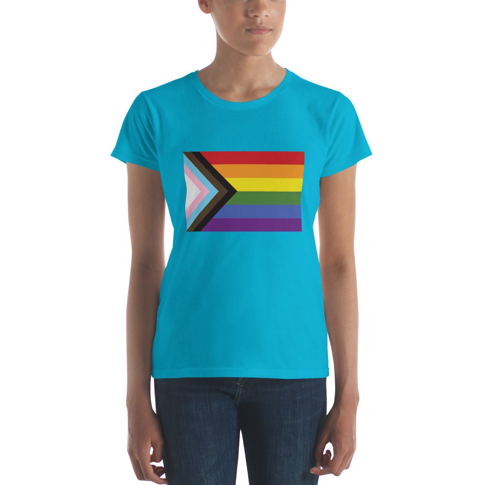 Progress Pride Flag Women's T-Shirt - Caribbean Blue - LGBTPride.com