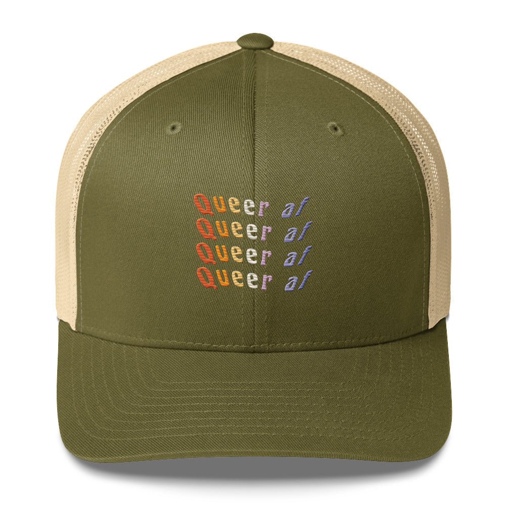 Queer AF Trucker Hat - Moss/ Khaki - LGBTPride.com