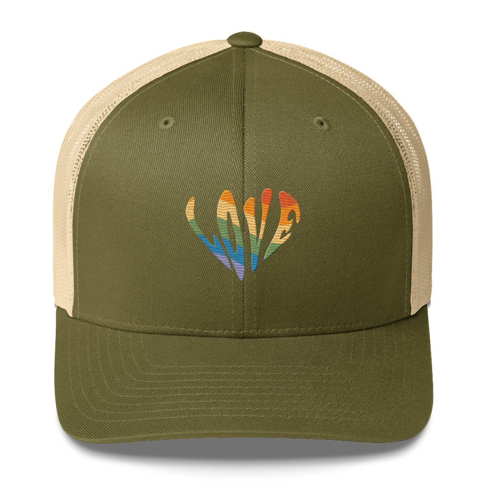 Rainbow Love Trucker Hat - Moss/ Khaki - LGBTPride.com