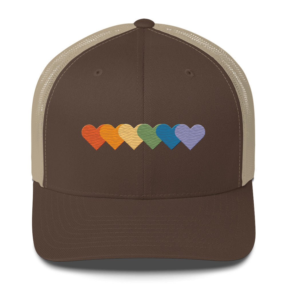 Rainbow of Hearts Trucker Hat - Brown/ Khaki - LGBTPride.com