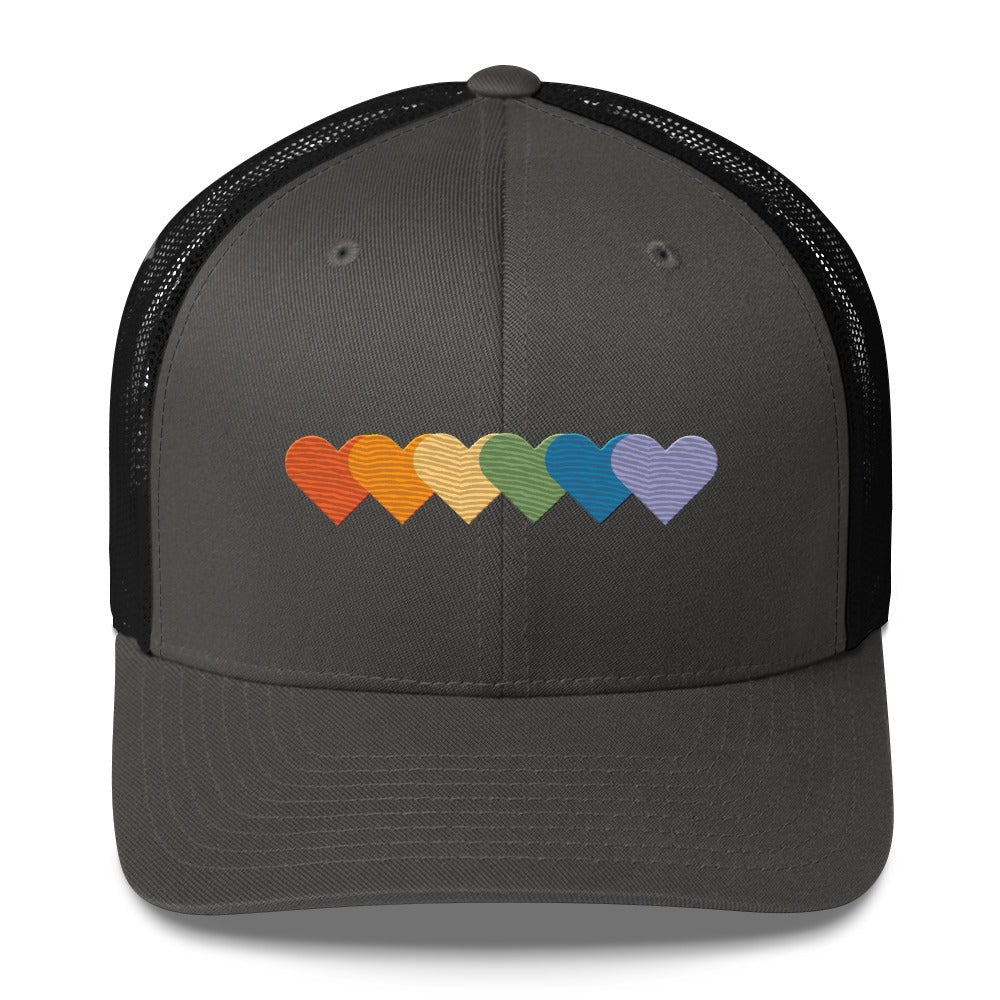 Rainbow of Hearts Trucker Hat - Charcoal/ Black - LGBTPride.com