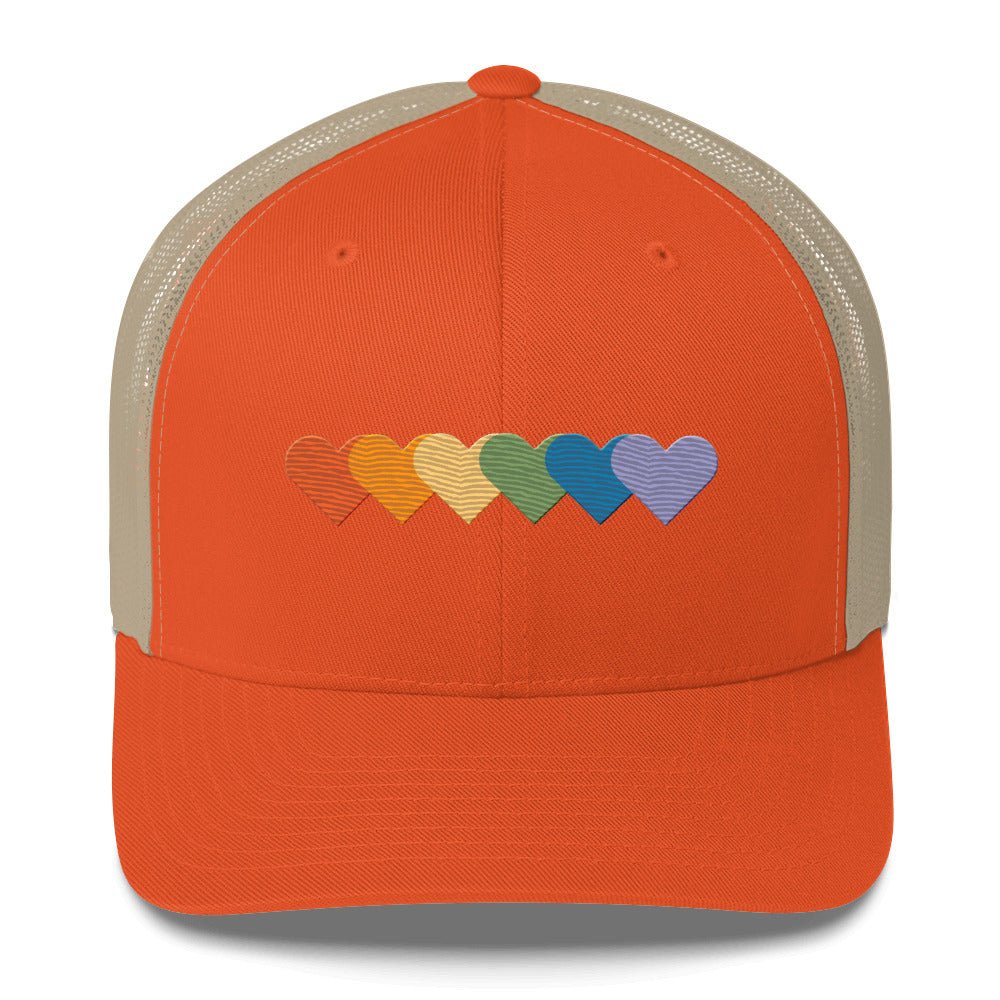 Rainbow of Hearts Trucker Hat - Rustic Orange/ Khaki - LGBTPride.com