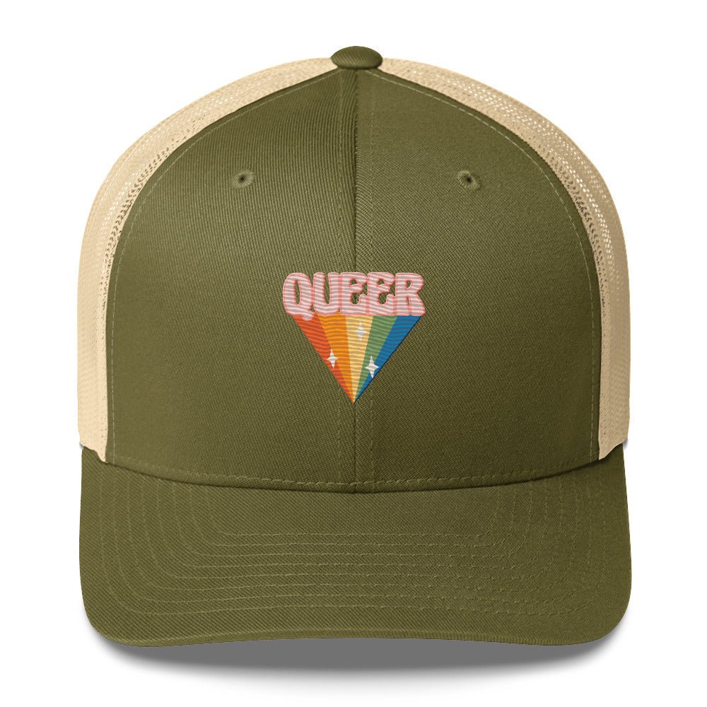 Retro Queer Trucker Hat - Moss/ Khaki - LGBTPride.com
