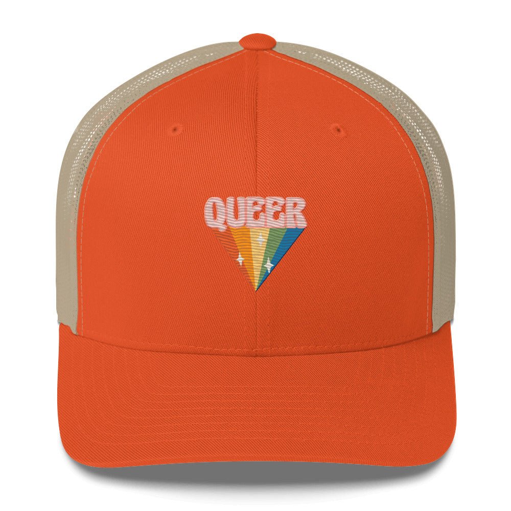 Retro Queer Trucker Hat - Rustic Orange/ Khaki - LGBTPride.com