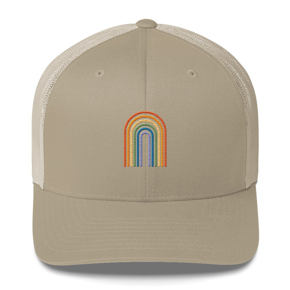 Retro Rainbow Trucker Hat - Khaki - LGBTPride.com