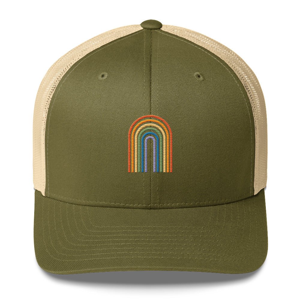 Retro Rainbow Trucker Hat - Moss/ Khaki - LGBTPride.com