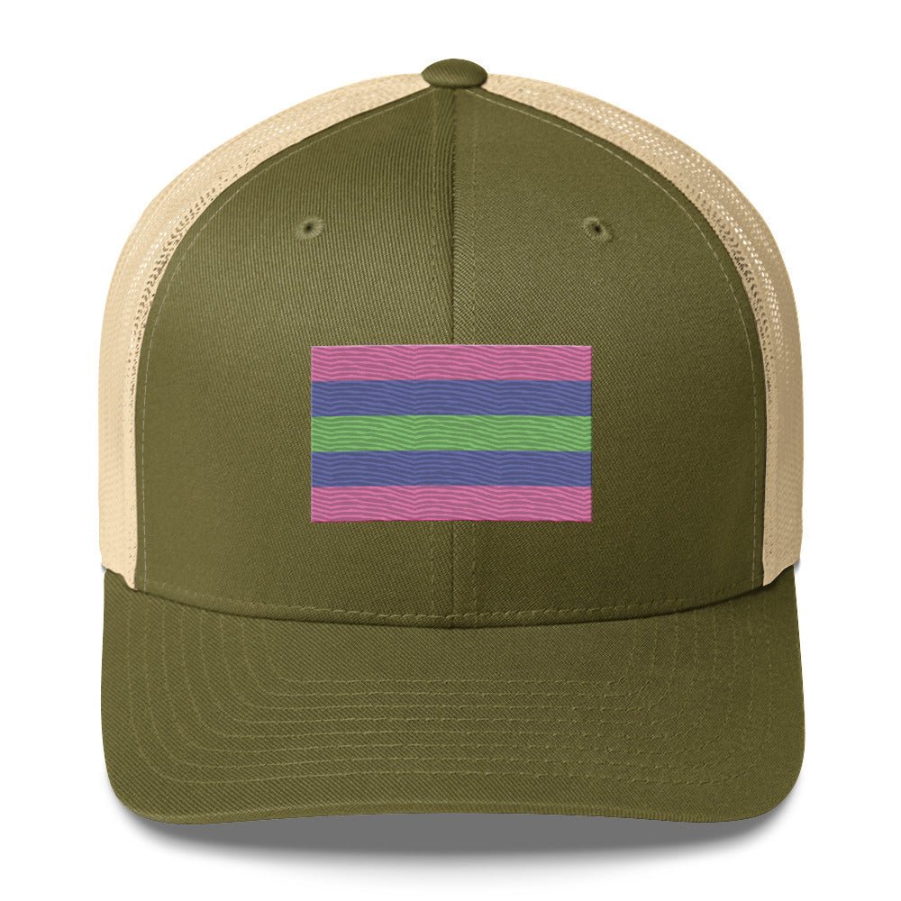 Trigender Pride Flag Trucker Hat - Moss/ Khaki - LGBTPride.com